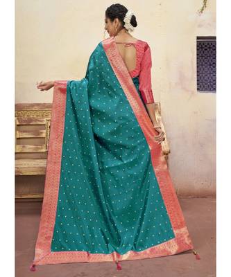 Turquoise Woven Party Wear Art Silk Sarees 4