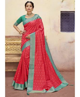 Dark Peach Woven Party Wear Art Silk Sarees 1