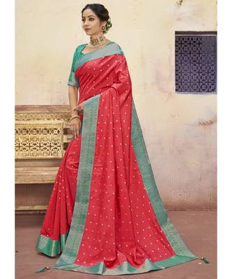 Dark Peach Woven Party Wear Art Silk Sarees 2