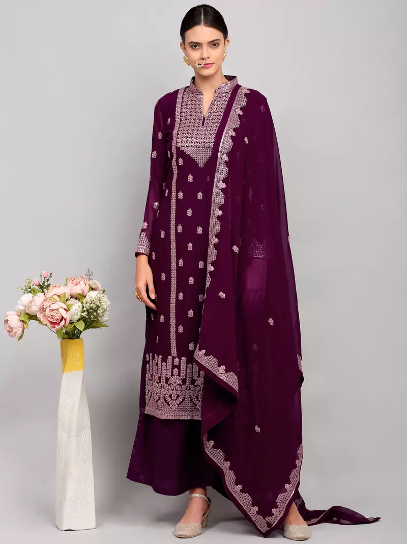Purple embroidered georgette salwar