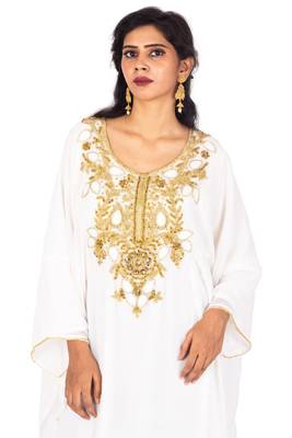 White Wedding Farasha / Abaya/Gown/Gold Embellished Kaftan Maxi Dress 3