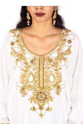 White Wedding Farasha / Abaya/Gown/Gold Embellished Kaftan Maxi Dress 4