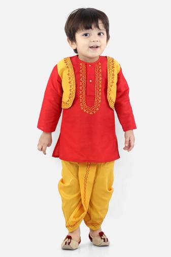 BownBeeAttached Jacket Dhoti Kurta For Boys-Red