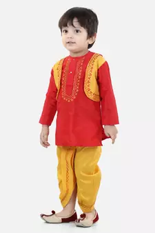 BownBeeAttached Jacket Dhoti Kurta For Boys-Red