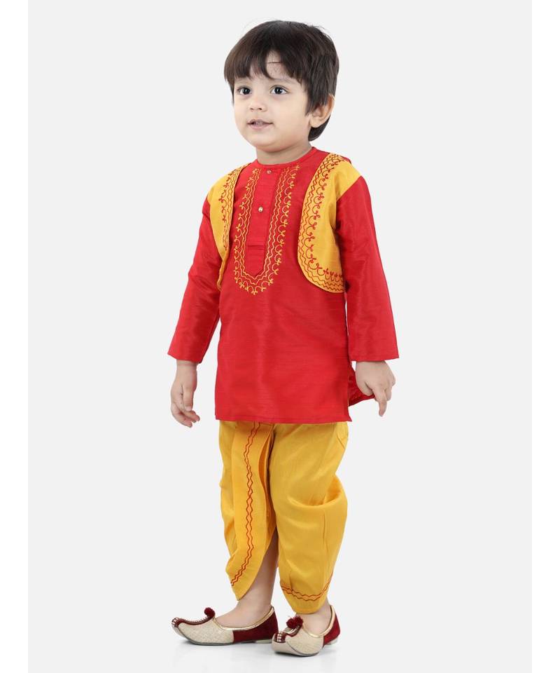BownBeeAttached Jacket Dhoti Kurta For Boys-Red