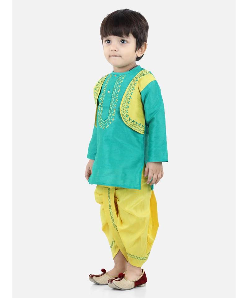 BownBeeAttached Jacket Dhoti Kurta For Boys-Green
