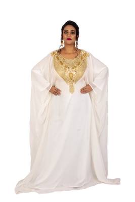 White Wedding Farasha /Abaya/Gown/Gold Embellished Kaftan Maxi Dress 1