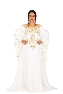 Grand White Farasha Kaftan Gown with Heavy Gold Geometric Embroidery | Luxury Bridal Dress 1