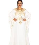 Grand White Farasha Kaftan Gown with Heavy Gold Geometric Embroidery | Luxury Bridal Dress