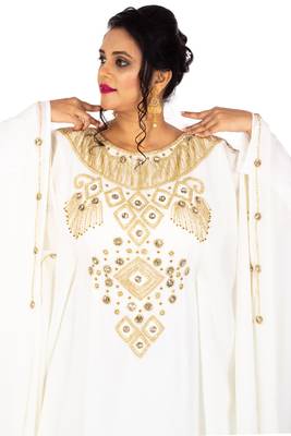 Grand White Farasha Kaftan Gown with Heavy Gold Geometric Embroidery | Luxury Bridal Dress 3