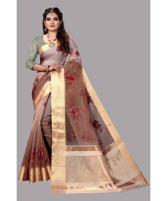 Brown Banarasi Organza Saree With Blouse 1