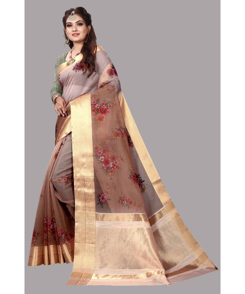 Brown Banarasi Organza Saree With Blouse