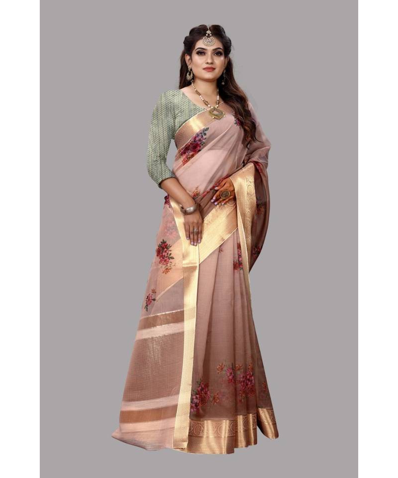 Brown Banarasi Organza Saree With Blouse