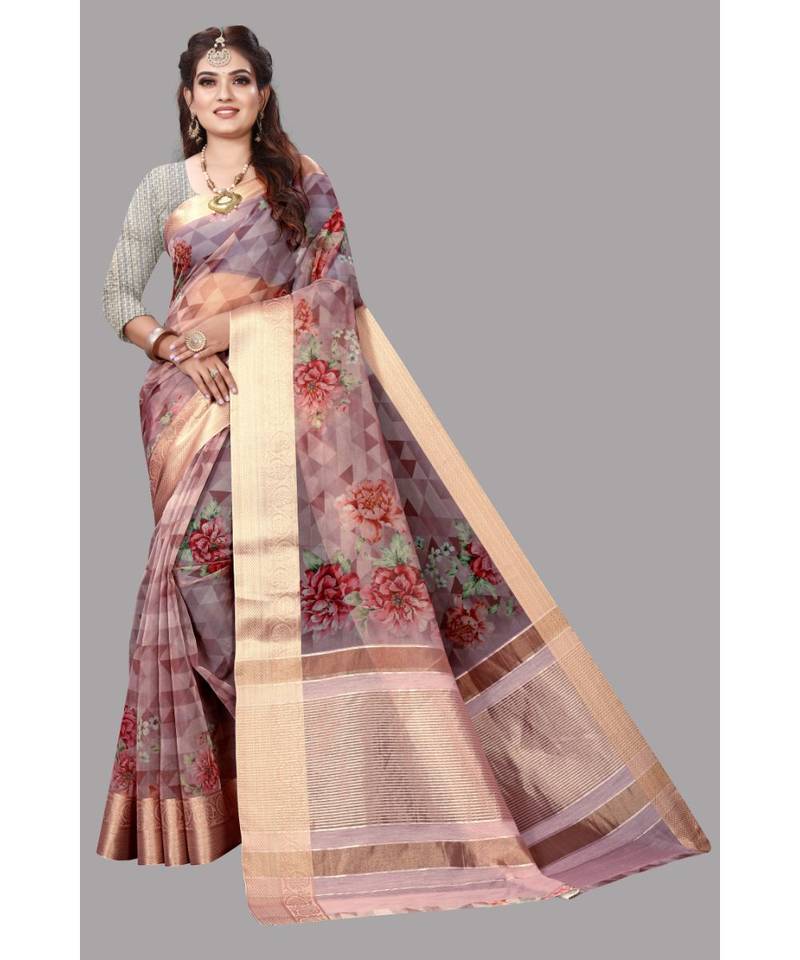 Peach Banarasi Organza Saree With Blouse
