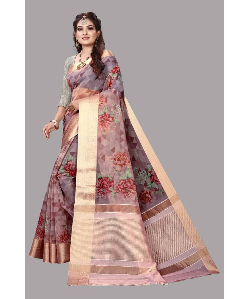 Peach Banarasi Organza Saree With Blouse