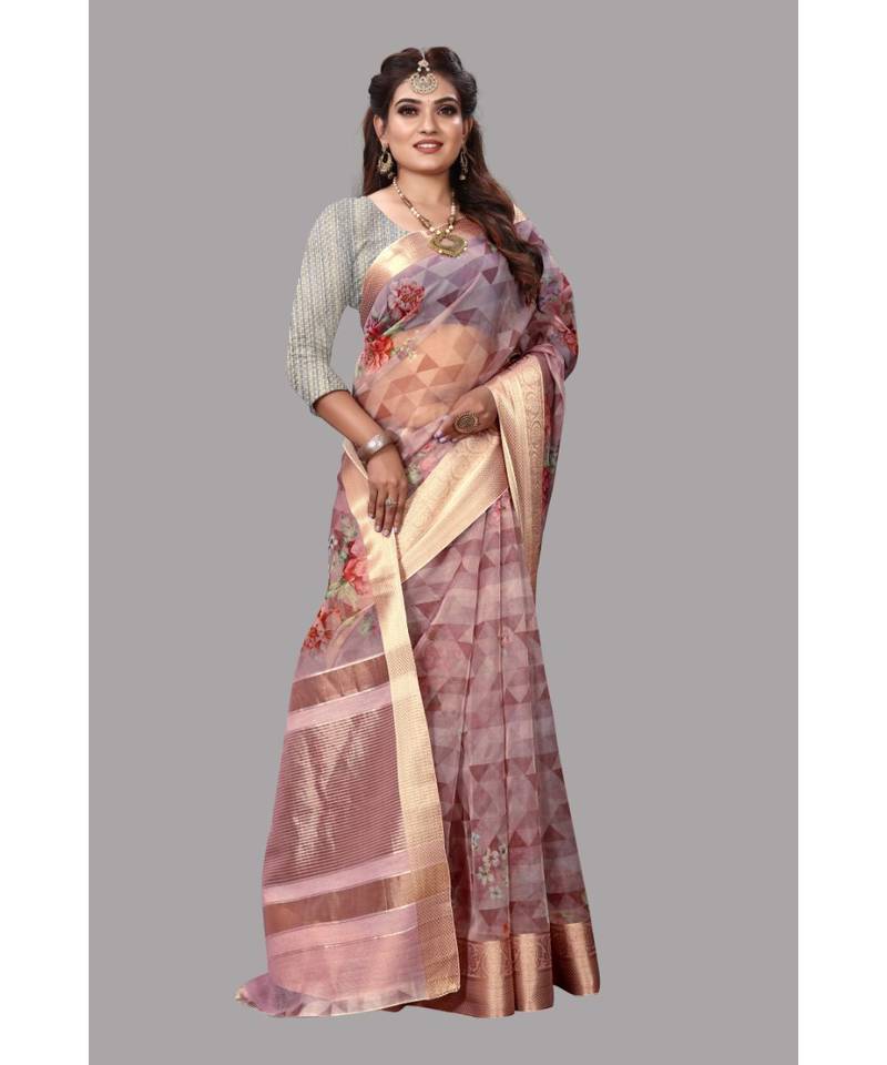 Peach Banarasi Organza Saree With Blouse