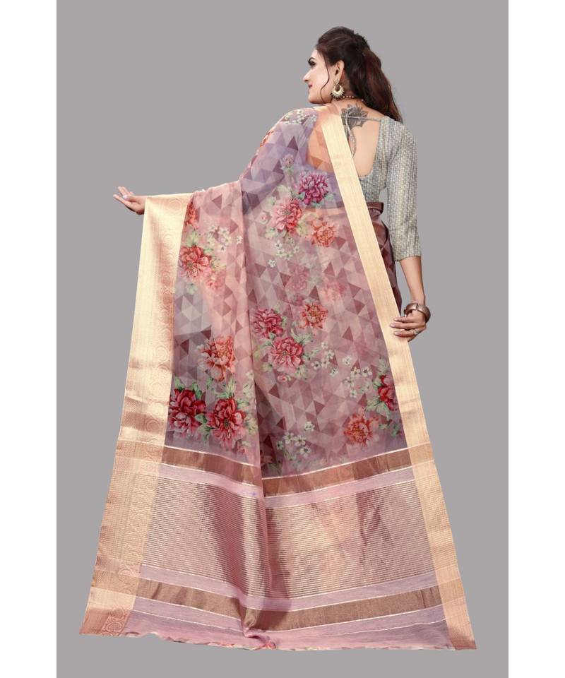 Peach Banarasi Organza Saree With Blouse
