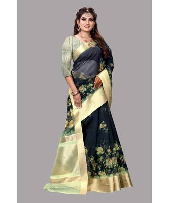 Green Banarasi Organza Saree With Blouse 3