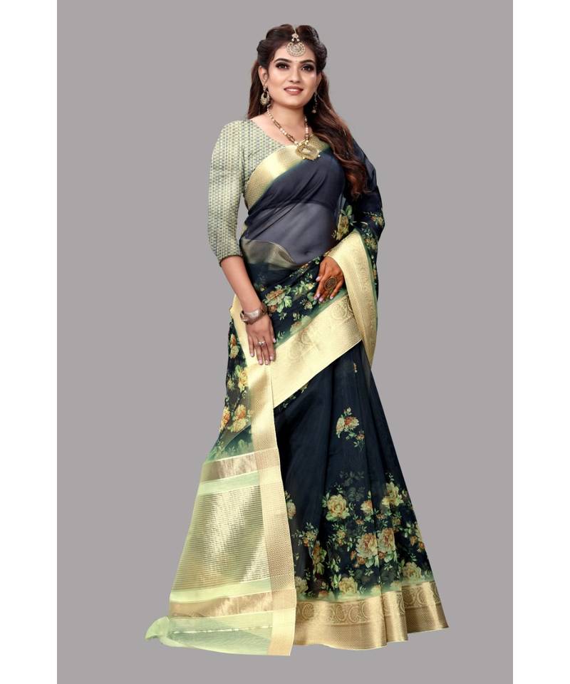 Green Banarasi Organza Saree With Blouse