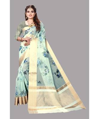 Blue Banarasi Organza Saree With Blouse 1