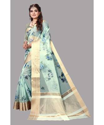 Blue Banarasi Organza Saree With Blouse 2