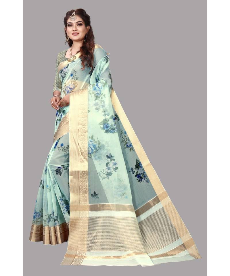 Blue Banarasi Organza Saree With Blouse