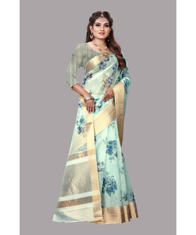 Blue Banarasi Organza Saree With Blouse