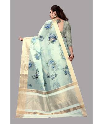 Blue Banarasi Organza Saree With Blouse 4
