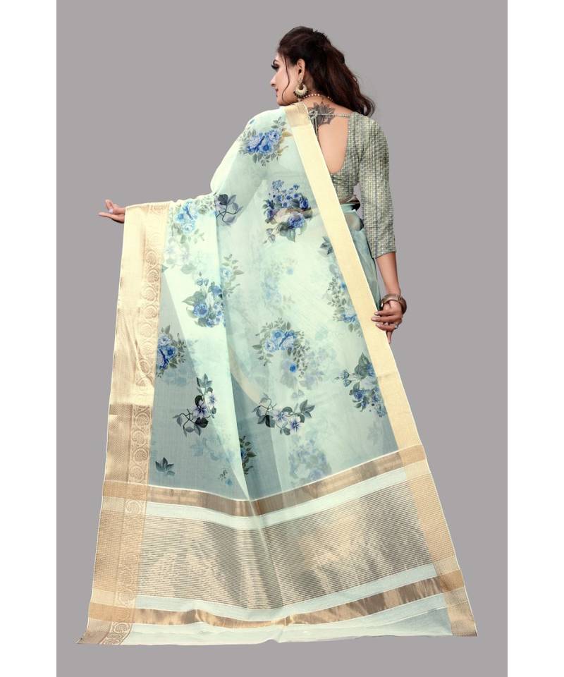 Blue Banarasi Organza Saree With Blouse