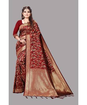 Maroon Banarasi Soft silk Saree With Blouse 1