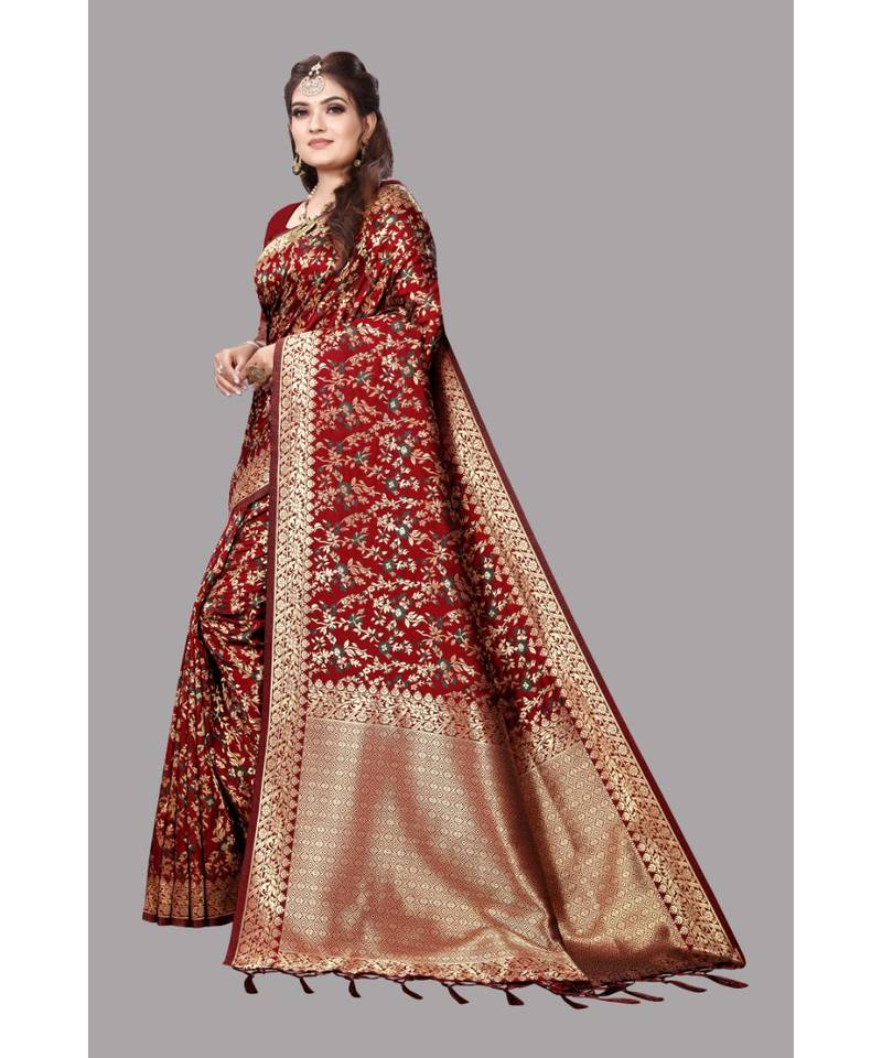 Maroon Banarasi Soft silk Saree With Blouse