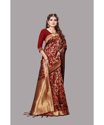 Maroon Banarasi Soft silk Saree With Blouse 3