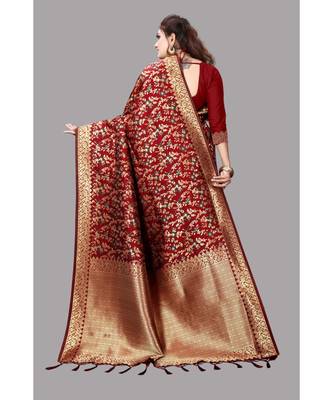 Maroon Banarasi Soft silk Saree With Blouse 4