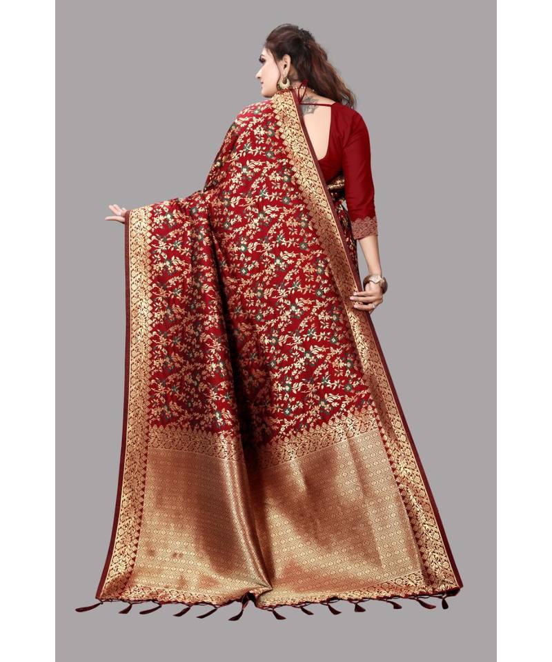 Maroon Banarasi Soft silk Saree With Blouse