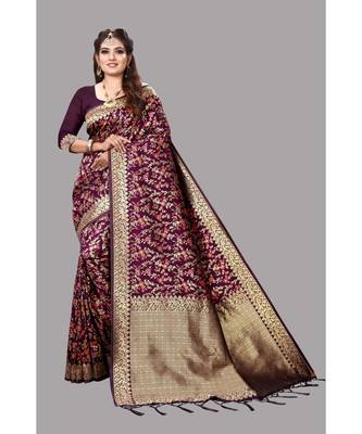 Wine Banarasi Soft silk Saree With Blouse 1