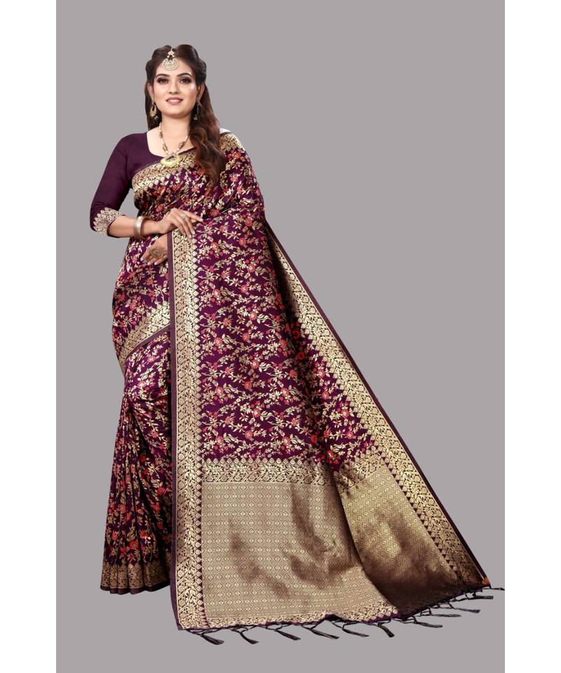 Wine Banarasi Soft silk Saree With Blouse