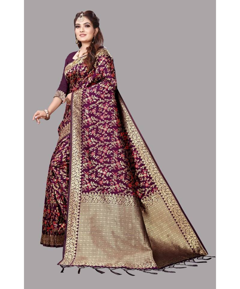 Wine Banarasi Soft silk Saree With Blouse