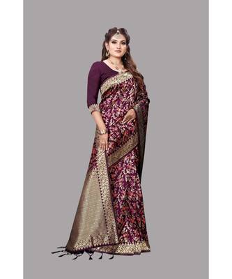 Wine Banarasi Soft silk Saree With Blouse 3