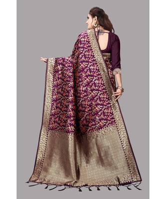 Wine Banarasi Soft silk Saree With Blouse 4