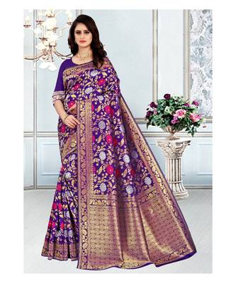 Purple Banarasi Soft silk Saree With Blouse 1