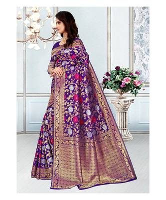 Purple Banarasi Soft silk Saree With Blouse 2