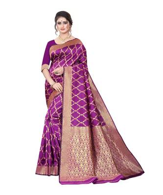 Purple Banarasi Cotton Silk Saree With Blouse 1