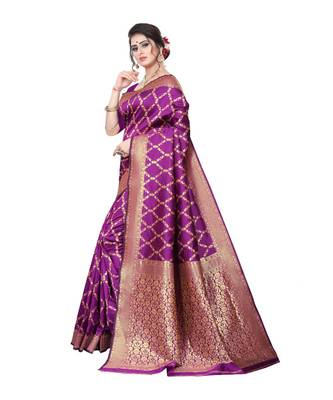 Purple Banarasi Cotton Silk Saree With Blouse 2