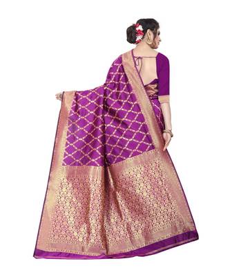 Purple Banarasi Cotton Silk Saree With Blouse 3