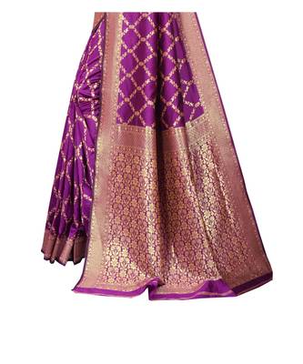 Purple Banarasi Cotton Silk Saree With Blouse 4