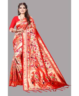 Red Paithani Pure Silk Saree With Blouse 1