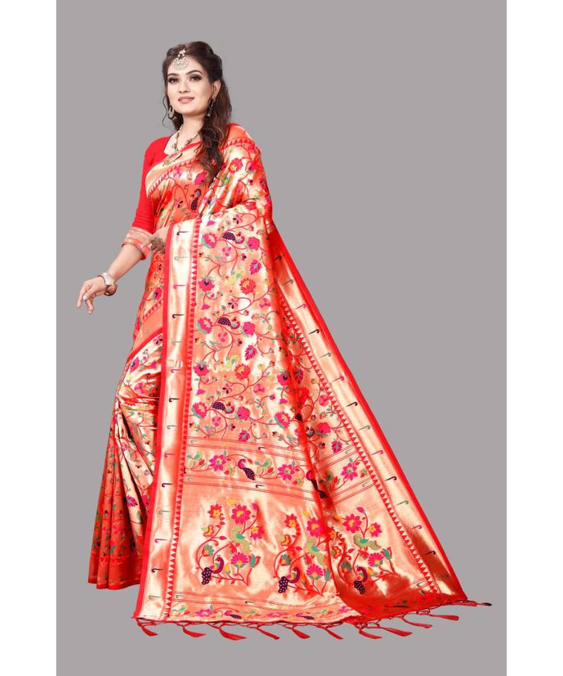 Red Paithani Pure Silk Saree With Blouse