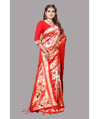Red Paithani Pure Silk Saree With Blouse 3