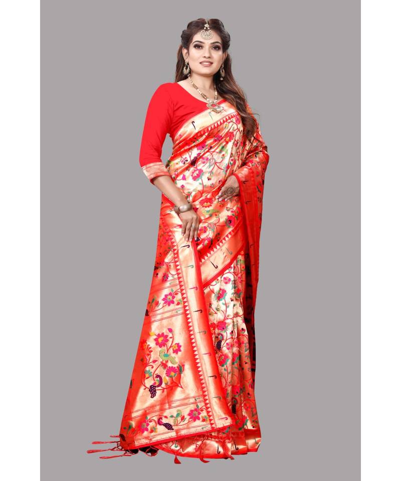 Red Paithani Pure Silk Saree With Blouse