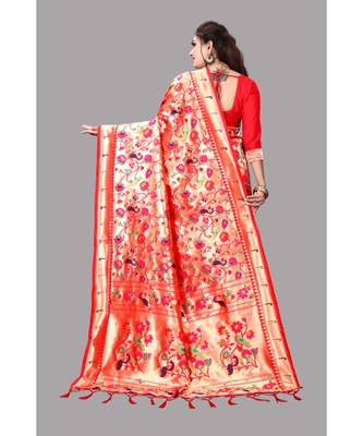 Red Paithani Pure Silk Saree With Blouse 4
